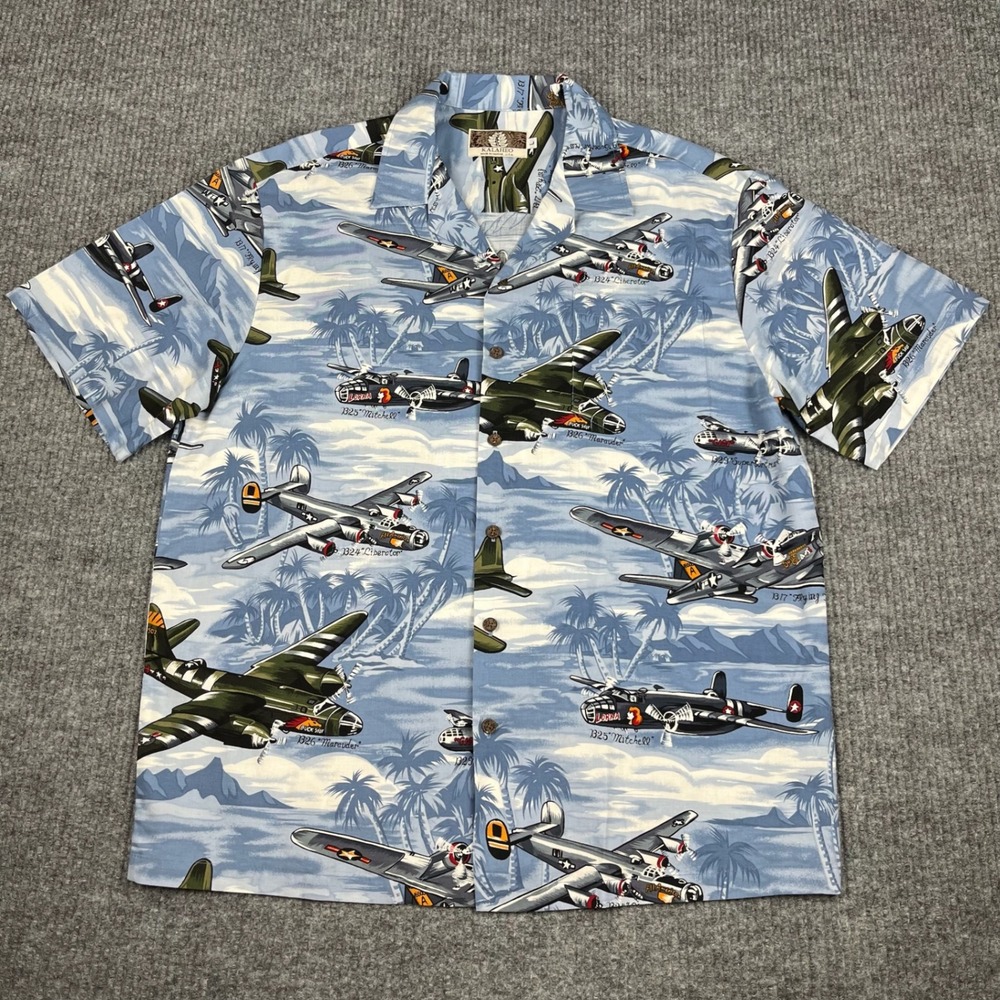 Vtg 90s Kalaheo Aloha Button Up Shirt Mens L WWII Bomber Planes War Hawaii Made